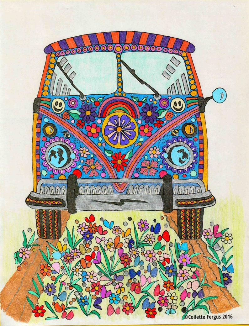 Hippie Van Digital Coloring page for Printing | Etsy