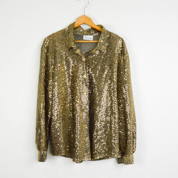 RESERVED - 80s Gold Sequin Shirt, Vintage Clothing, 80s Clothing, Bedazzled Shirt, Saturday Night Fever Shirt, Sparkly, Metallic, Unique