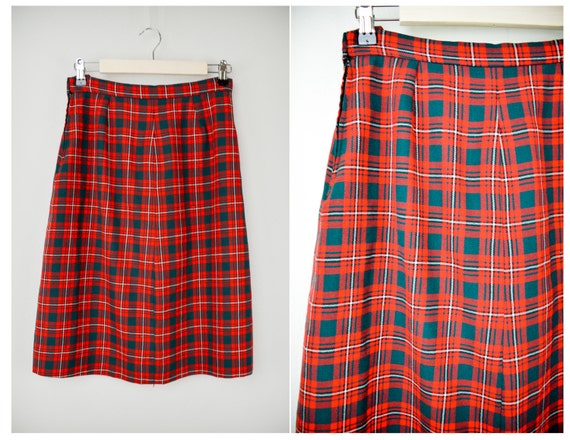 Vintage 70s Wool Tartan Skirt 27, Vintage Christm… - image 1