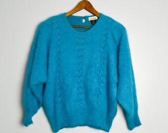 80s Angora Sweater Medium, Vintage Clothing, 80s Clothing, Beaded Sweater, 80s Clothes, Shoulder Pads, Blue Sweater, Vintage Sweater, Retro