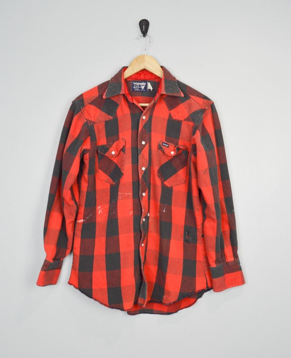 80s Distressed Vintage Wrangler Flannel Shirt Med… - image 1