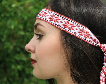 Woven Slavic Headband with Alatyr ornament, Folk Headband, Head Ribbon with Christmas Star pattern