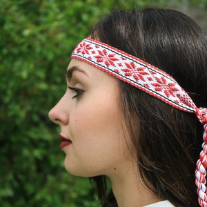 Woven Slavic Headband: Folk Cotton Head Ribbon with Alatyr / Christmas Star Ornament