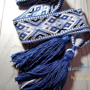 Handwoven Slavic Belt: Blue Patterned Sash with Tassels