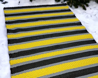 Yellow Black Gray Handwoven Rag Rug 65x107 cm, Cotton Striped Woven Rug, made in Ukraine