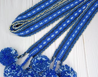 Blue Woven Belt with Pompoms, Handwoven Cotton Tie Belt, Women's Waistband, Ukrainian Folk Style