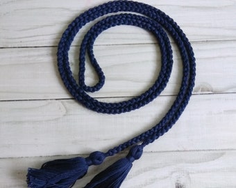 Navy Braided Rope Belt with tassels, Handmade cotton dress belt