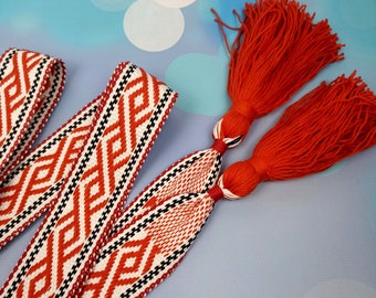 Women's Slavic Belt, Cotton Woven Sash for Embroidered Boho Dress, Red Pattern on White Tie Belt with Tassels
