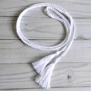 White Braided Rope Belt with tassels, Handmade cotton boho dress belt, Braided Belt for Vyshyvanka