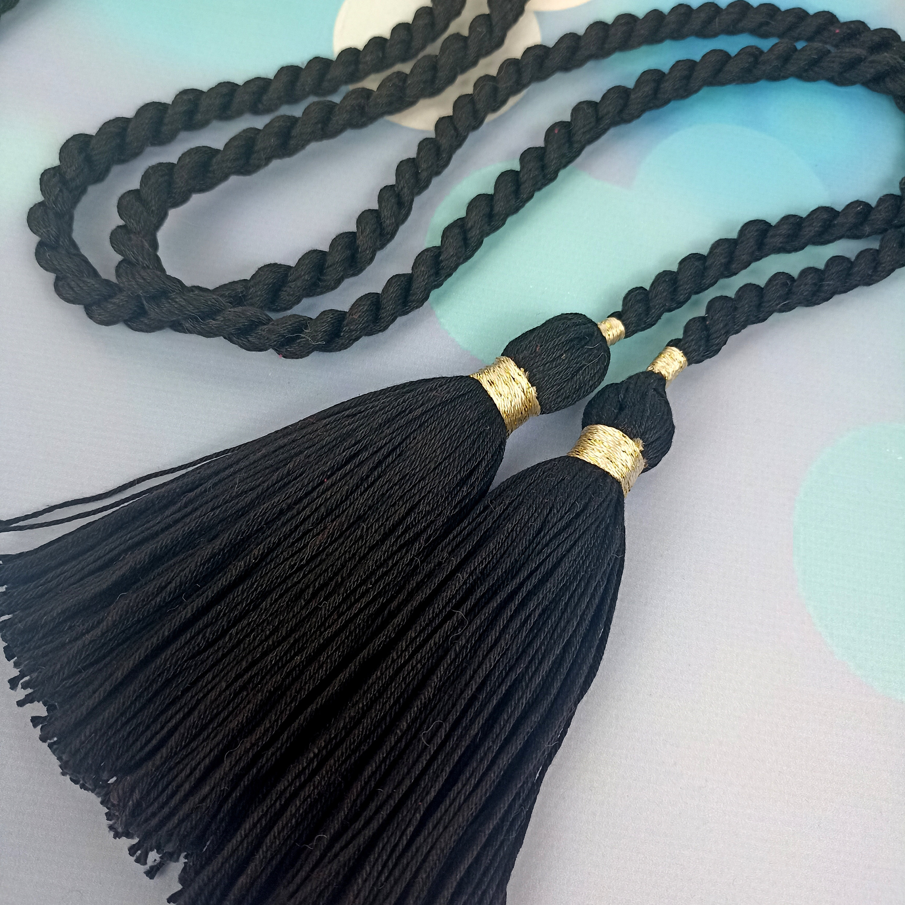 Black Rope Belt: Hand Braided Cotton Cord With Gold Tassels  display picture 3