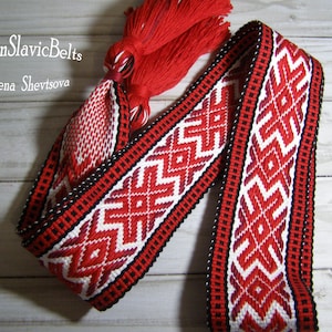 Handwoven Red Slavic Belt: Women&#39;s Folk Costume Sash with Tassels