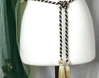 Golden Black Braided Belt with Tassels: Boho Kimono Dress Accessory