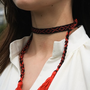 Handwoven choker, Textile choker with pattern, Tassel necklace, Ethnic necklace, Ukrainian style