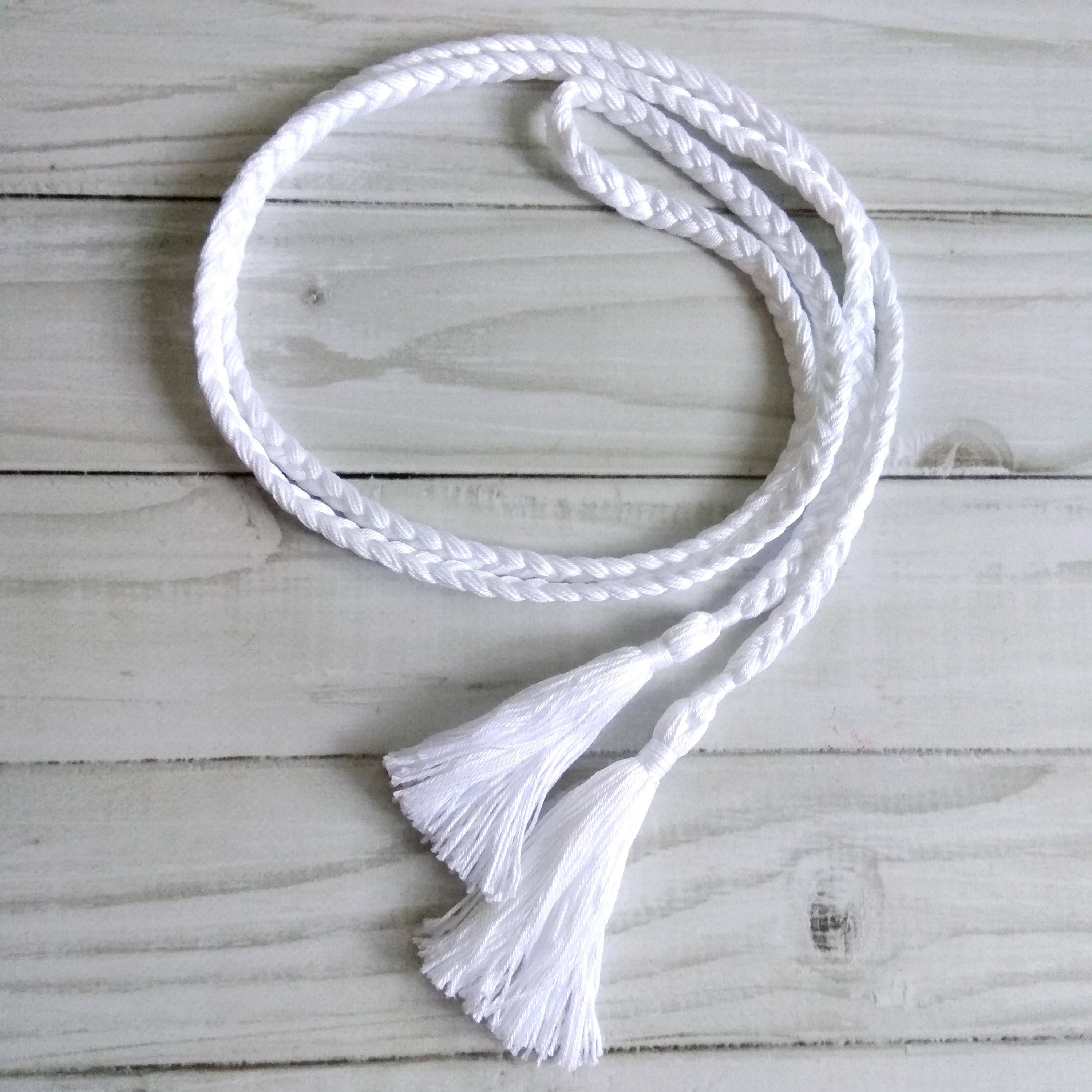 White Braided Rope Belt With Tassels, Handmade Cotton Boho Dress Belt 