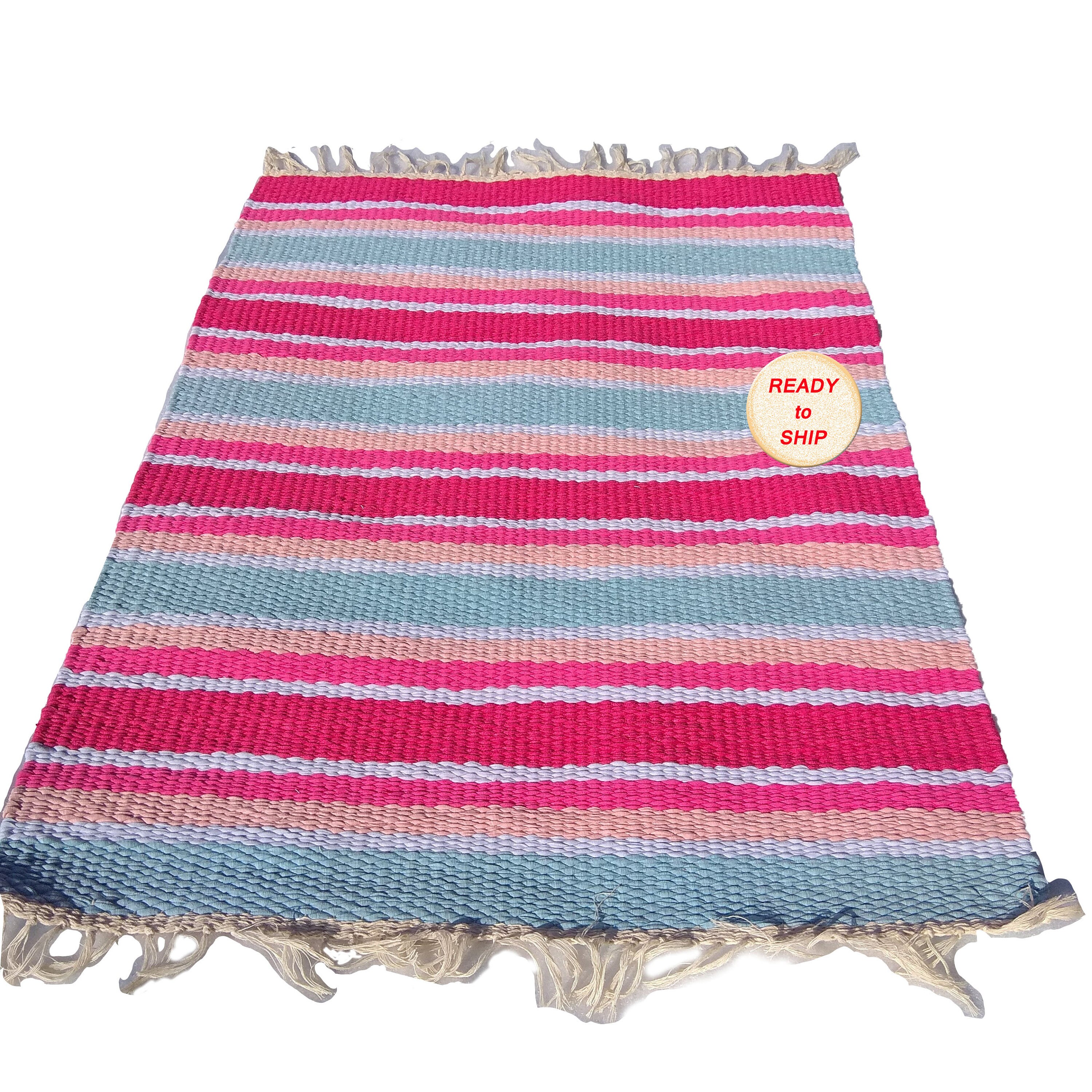 Woven Rag Rug Hand Made Rug Cotton Pink Bath Mat Farmhouse Etsy