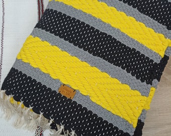 Yellow Black Gray Handwoven Rag Rug 65x107 cm, Cotton Striped Woven Rug, made in Ukraine