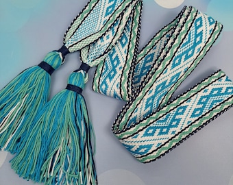 Cotton belt with Turqious Pattern for women, Woven Tie Belt with Tassels, Waist Belt, Boho Belt