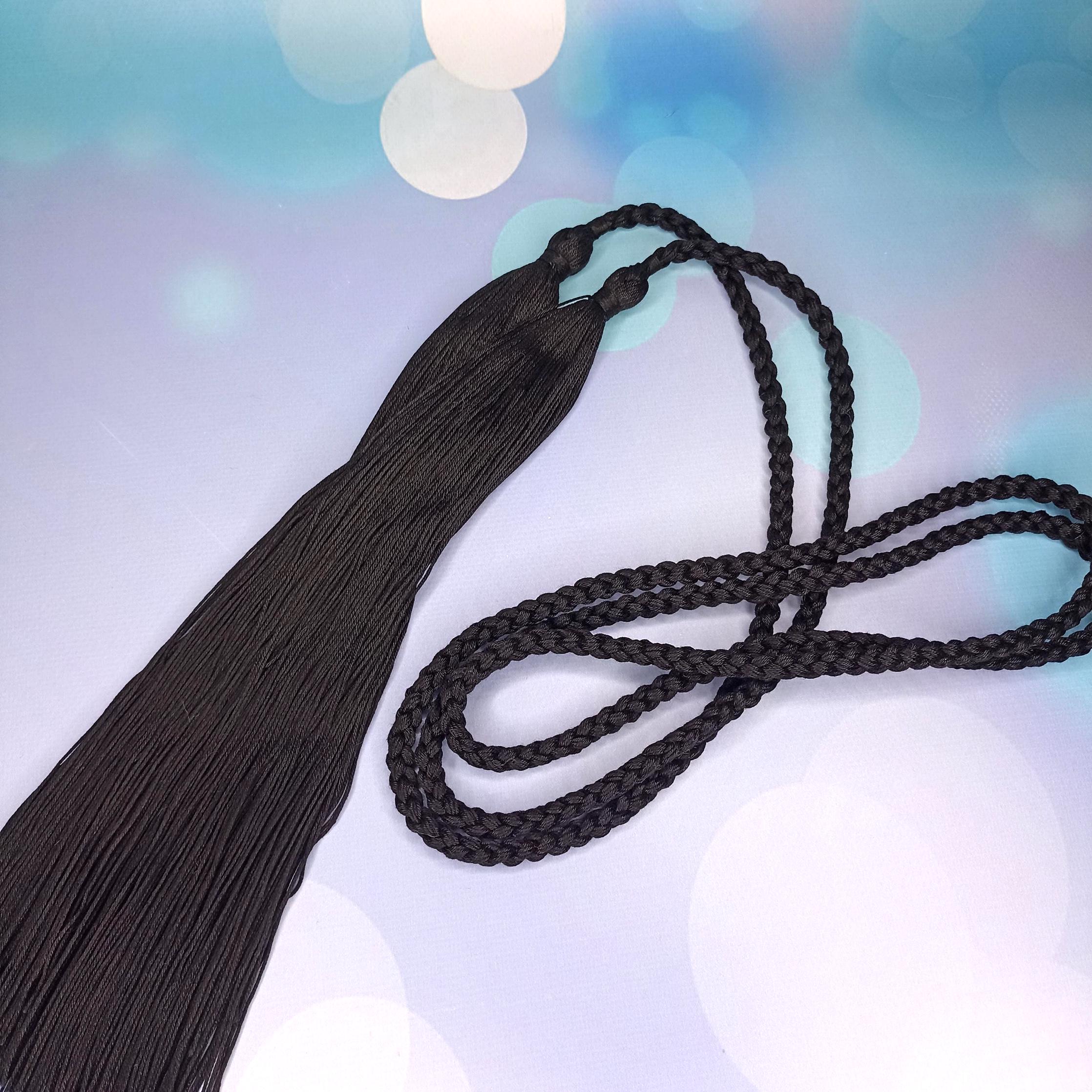 Handmade woven belt with tassle, black, coated cotton rope, size M Cotton Braided Rope Tie Belt, Thick Tassel Woven Macrame  main image 2