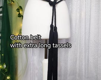 Handmade woven belt with tassle, black, coated cotton rope, size M Hand Braided Black Rope Belt With Tassels - Etsy main image 4