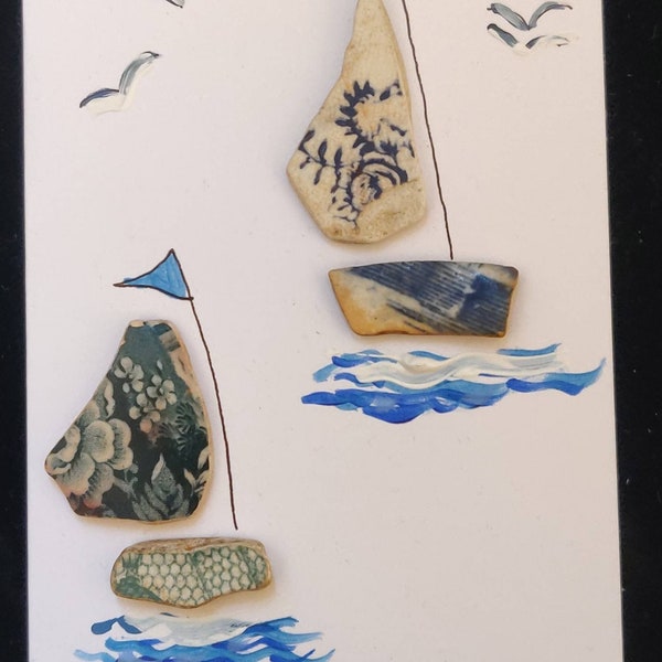 Card using Thames Pottery collected on the Thames foreshore hand painted 10.5cm x 14.5cm perfect to put in a frame
