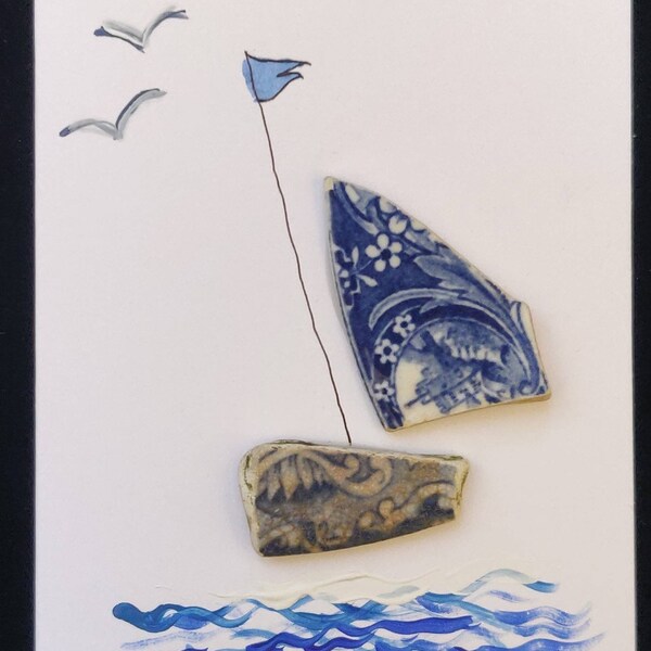 Card using Thames Pottery collected on the Thames foreshore hand painted 10.5cm x 14.5cm perfect to put in a frame