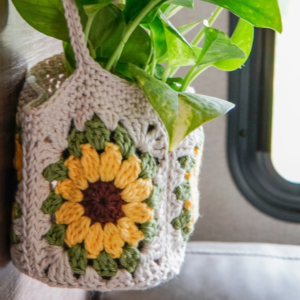 Panier suspendu carré grand-mère tournesol au crochet | Patron au crochet