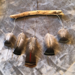 Natural Wood Wall Hanging made from Naturally Sourced Wood Pieces and Wild Turkey Feather
