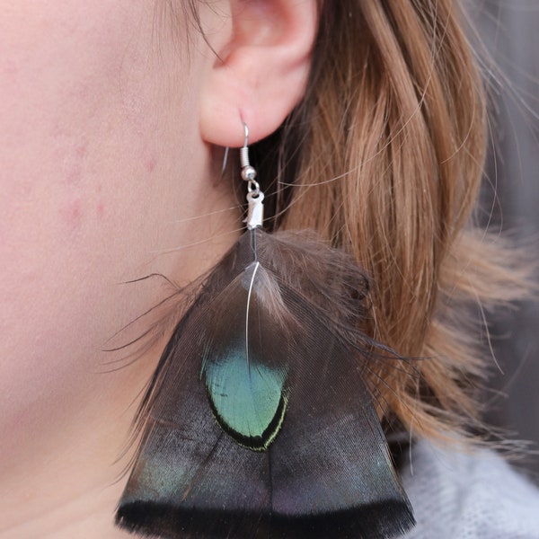 Drop Hook Dangle Earrings Feather Turkey Shiny Fancy Iridescent Blue Green Dark Green Peacock Plumes