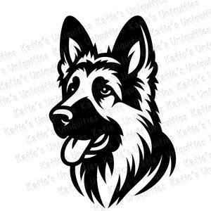 May include: Black and white illustration of a German Shepherd dog's head. The dog is looking to the right and has its tongue sticking out.