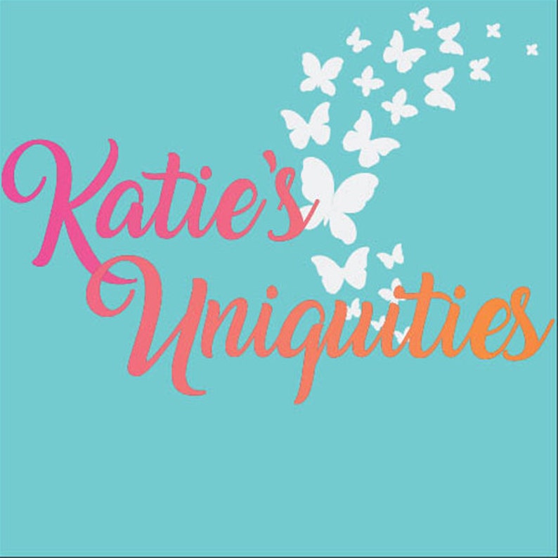 May include: A pink and orange gradient logo with the text "Katie's Uniquities" and a design of white butterflies flying upwards.