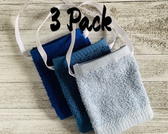 3 PACK SOAP SAVER Bag Holder: Soap Pouch 100% Terry Cloth Cotton - Blue White Pink Lavender Teal Soap Saver, Soap Bag, Spa Gift, Soap Holder