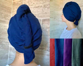 T SHIRT Hair Turban Towel Wrap: Organic Jersey Knit Cotton Wrap For Drying Wet Hair; Elastic Band, Spa Gift for Women Adults Teen EXTRA Long
