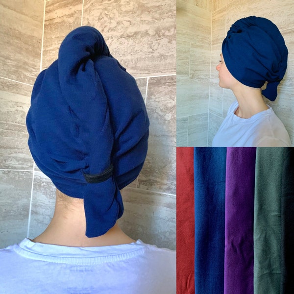 T SHIRT Hair Turban Towel Wrap: Organic Jersey Knit Cotton Wrap For Drying Wet Hair; Elastic Band, Spa Gift for Women Adults Teen EXTRA Long