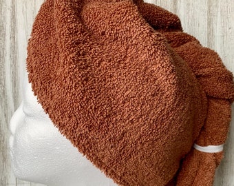 TURBAN TOWEL Hair Wrap PLUSH Terry Cloth Cotton Wrap For Drying Wet Hair Elastic Band For Women Spa Gift Adult Teen Extra Long Copper