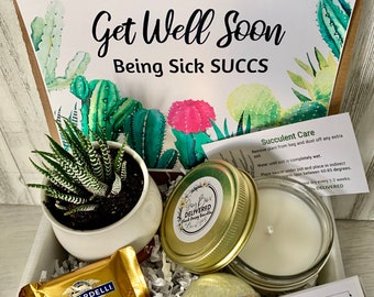 GET WELL Soon Care Package Gift Box- Being Sick SUCCS/ Healing Gift Box/ Healing Vibes Gift /Succulent Add Candle Matches, Being Sick Sucks