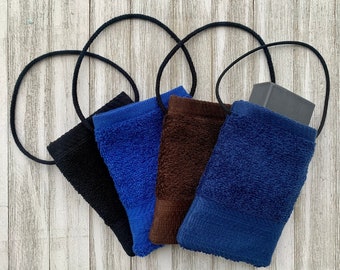 Large SOAP SAVER BAG Holder: Soap Pouch Terry Cloth Cotton -Blue Black Duke Cannon Soap Saver, Soap Bag, Spa Gift, Stocking Stuffer Holder