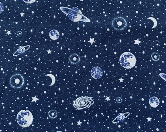Universe Navy Blue Fabric 100% Cotton Fabric/ Sold by 1/2 Yard / Quilting Fabric / Medium Weight / Galaxy Silver Sparkle on Navy Blue Back