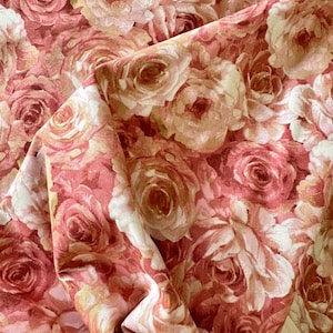 Vintage ROSE VALENTINE Fabric Dusty Pink100% Cotton Fabric by 1/2 Yard 1/4 ydQuilting Material/ Medium Thread Count Ivory, Pinks, Dark Pink