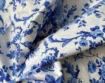 FLORAL BLUE White Porcelain Fabric 100% Cotton Fabric Sold by Yard Quilting Material Craft Blanket Skirts, The Perfect Scroll Floral Fabric
