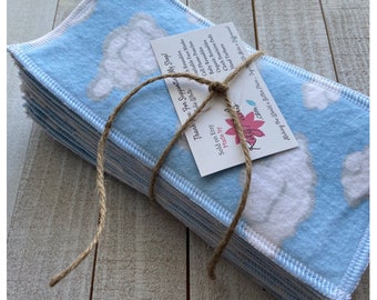 Washable Reusable Toilet Paper 2 Ply; Cloth Wipes; Soft Cotton Flannel; Bidet Cloths Towels, Baby Wipes; Blue White Cloud Cloth Toilet Paper