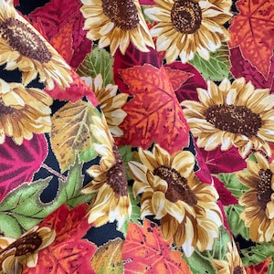 FALL SUNFLOWERS with Red, Orange, Green Leaves,  100% Cotton Fabric for Crafts,  Quilts Blankets/ Sold by 1/2 or 1/4 Yard Quilting Material