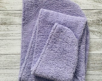 Lavender HEAD TURBAN Towel Wrap LONG:  100% Terry Cloth Cotton Wrap For Drying Wet Hair; Stays In Place With Band at Neck! Adults and Teens