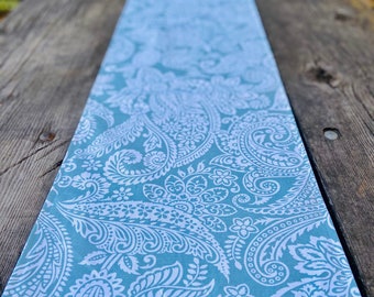 Turquoise Blue and White Damask Table Runner / Wedding Bridal/ Classy Table / Table Decoration  Dusty Turquoise White Plant Pattern