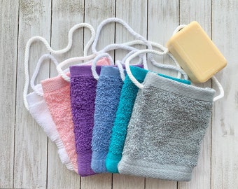 Soap Saver Holder / Sack / Bag Hangs on Handle:  100% Terry Cloth Cotton - Blue, White Pink White Black, Lavender, Teal, Soap Holder, Soap,