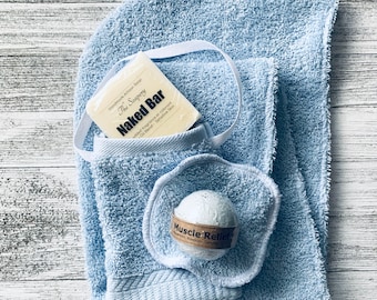 Spa Gift Hair Towel Set: Soap Bag -Natural Artisan Soap, Bath Bomb, Makeup Remover, Cotton Turban Wrap, Bachelorette Gift For Women White