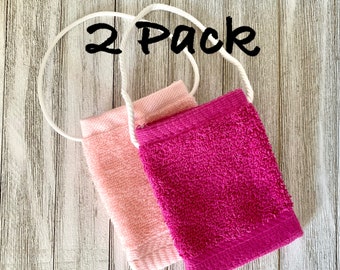 2 PACK SOAP SAVER Bag Holder: Soap Pouch 100% Terry Cloth Cotton - Blue White Pink Lavender Teal Soap Saver, Soap Bag, Spa Gift, Soap Holder