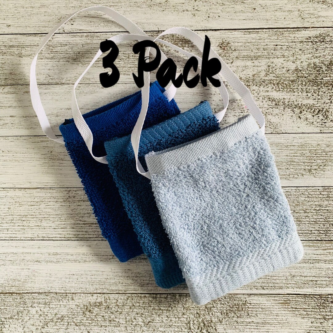 3 PACK SOAP SAVER Bag Holder Soap Pouch 100 Terry Cloth Cotton Blue