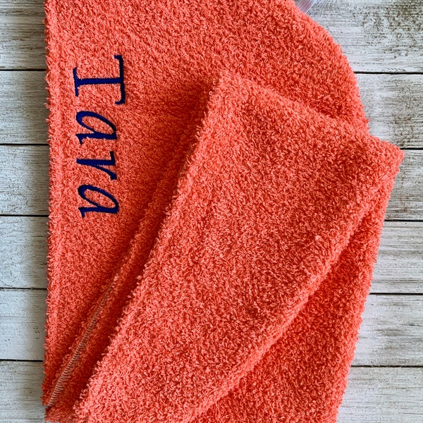 Head Turban Towel Wrap: For Women, Long Length, 100% Terry Cloth Cotton Wrap For Drying Wet Hair; Elastic Band, Spa Gift, Dark Coral Peach
