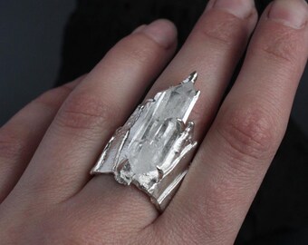 Sterling Silver Crystal Quartz Ring | Brutalist jewelry | Metalsmith jewelry | Edgy Ring