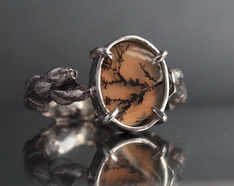 Dendritic Agate and Sterling Silver Ring | Size 10 1/2 US | Nature Inspired Jewelry |